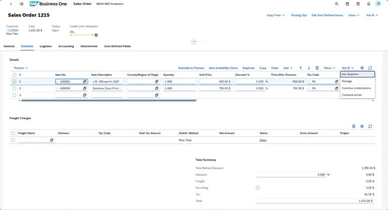 SAP Business One – ekran aplikacije